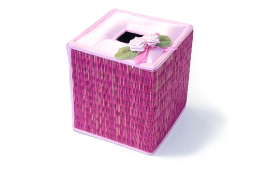 Thai style handmade box of tissues Knitting made by duckweeds with pink flowers decoration on top isolated background