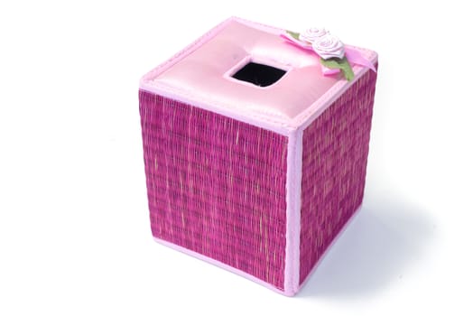 Thai style handmade box of tissues Knitting made by duckweeds with pink flowers decoration on top isolated background