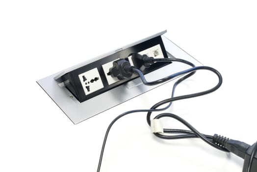 Plug Socket on the office table that can be hidden or open up when using isolated background