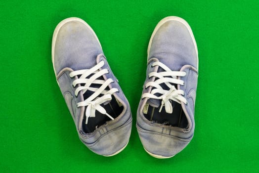 Blue canvas sneakers Placed on a green background