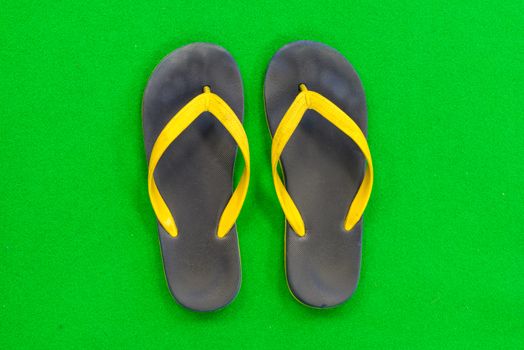 Black Rubber Slippers Placed on a green background