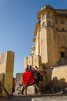 Jaipur, India - December 29, 2014: Decorated elephant carries tourists to Amber Fort on December 29, 2014 in Jaipur, Rajasthan, India.
