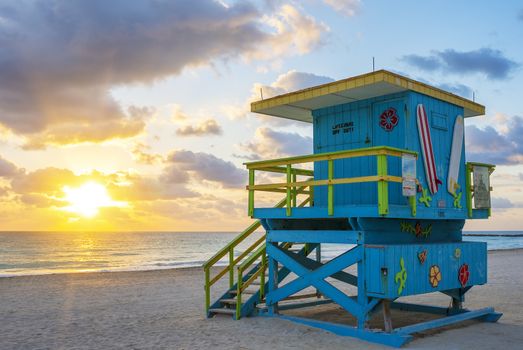 Beautiful Miami South Beach sunrise with lifeguard tower, USA.
