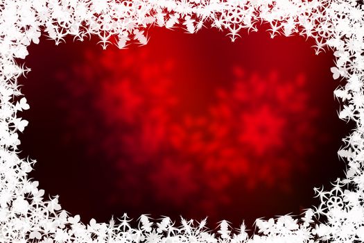 Red Christmas background with frame made of white snowflakes