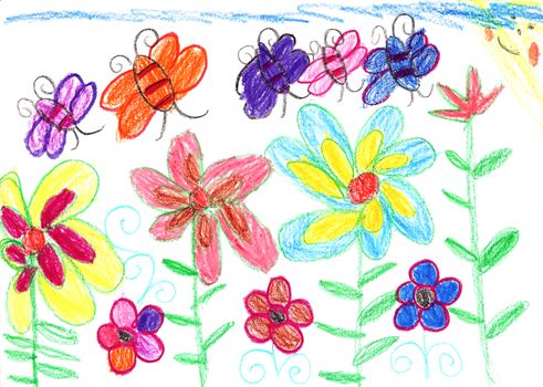 Child's drawing bees and flowers