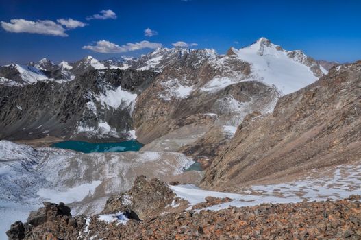 Scenic view of mountain lake in Ala Archa national park in Tian Shan mountain range in Kyrgyzstan