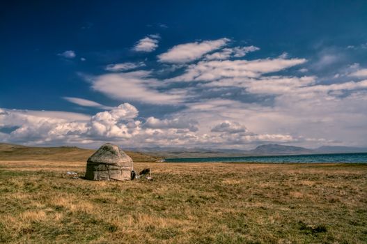 Traditional yurt of nomadic tribe on green grasslands in Kyrgyzstan