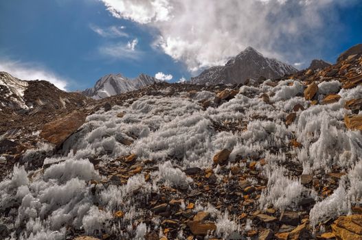 Scenic ice crystals in Pamir mountains in Tajikistan
