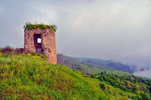 Ruins of old stone structure in mountainous Karabakh destroyed by war