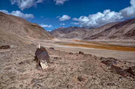 Scenic arid valley in Pamir mountains in Tajikistan