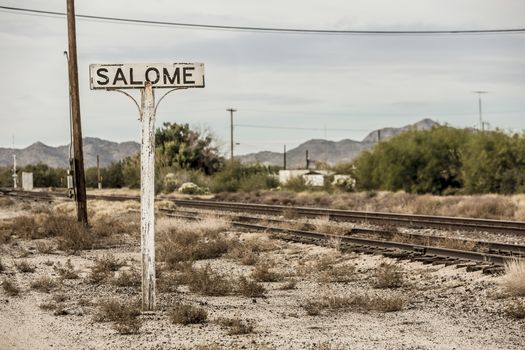 Railway and sign near historic Salome Arizona USA