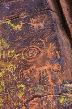 Close up of North American petroglyph panel etched on stone