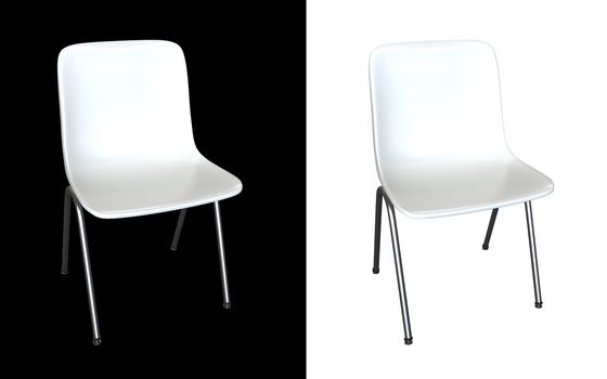 White modern chair isolated on black and white background. Kitchen interior, garden or dining room plastic and steel furniture 3d render illustration