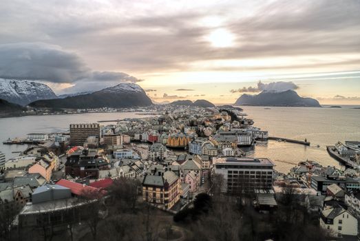 Breathtaking view of the Norwegian city of Alesund at sunset