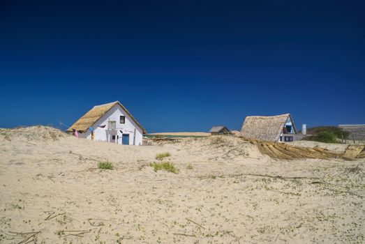 Houses in sand dunes near Cabo Polonio in Uruguay, south America                 