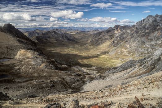 Scenic valleys around Alpamayo, one of highest mountain peaks in Peruvian Andes, Cordillera Blanca