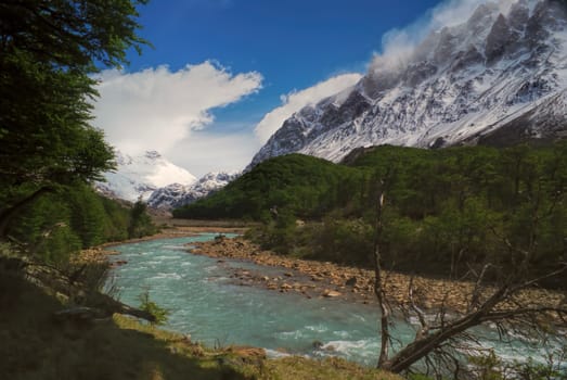 Magnificent view of snowy mountains in Los Glaciares National Park