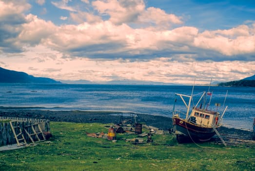 Old fishing boat on island of Navarino in southern Chile