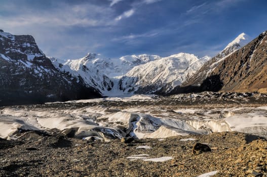 Picturesque view of Engilchek glacier in Tian Shan mountain range in Kyrgyzstan