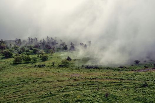 Dense fog crawling across green landscape of mountainous Karabakh