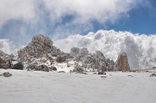 Frozen rock formations on Sabalan volcano in northern Iran