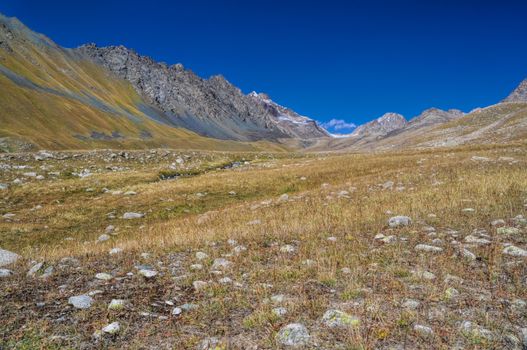 Scenic valley in Ala Archa national park in Tian Shan mountain range in Kyrgyzstan