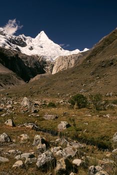 Picturesque valley between highest mountain peaks in Peruvian Andes, Cordillera Blanca