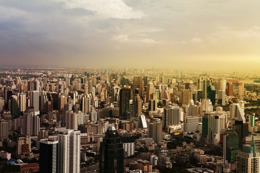 Aerial view of streets and buildings, Bangkok City. Thailand.