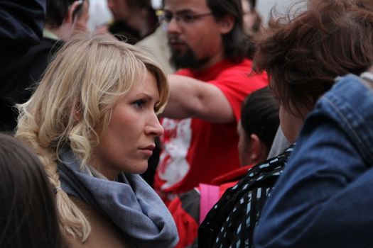 Moscow, Russia - on May 27, 2012. The politician Alyona Popova on an oppositional action. After disputable elections the opposition organized many protest actions on streets of Moscow. This meeting - public political club in the fresh air on Stary Arbat Street at a monument to the poet Okudzhava