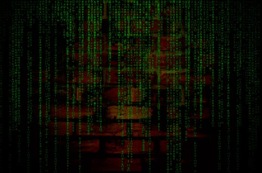 Green matrix on old grunge brick wall background, concept security on computer