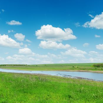 river in green grass under sky with clouds