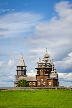 Antique wooden Church of Transfiguration at Kizhi island in Russia under reconstruction