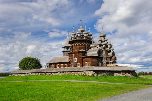 Antique wooden Church of Transfiguration at Kizhi island in Russia under reconstruction