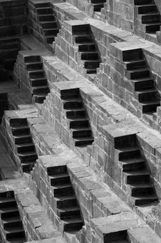 Steps at Chand Baori Stepwell in Jaipur, Rajasthan, India. (Black and White)