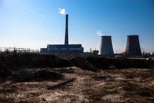 Cogeneration plant (combined heat and power station) in Kyiv, Ukraine. Industrial landscape.