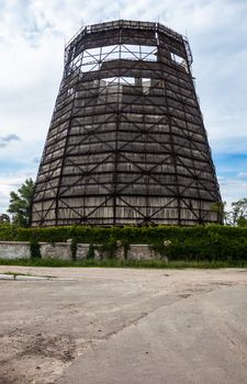 Old and damaged cooling tower of the cogeneration plant in Kyiv, Ukraine.