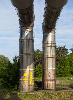 Elevated section of the pipelines near the forest against the sky