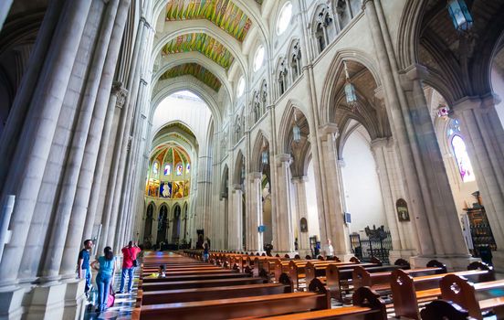 Madrid, Spain - May 6, 2012: Cathedral Almudena interior with view of the pipe organ on a sunny day in Madrid, Spain