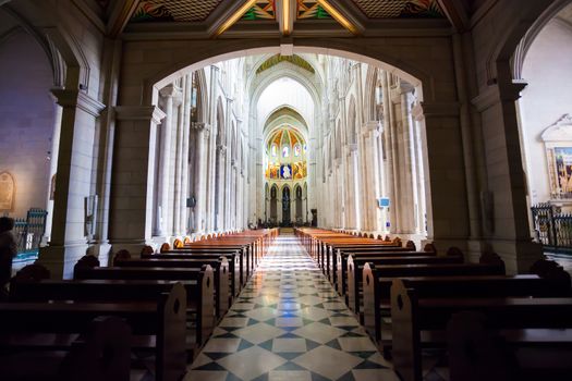 Madrid, Spain - May 6, 2012: Cathedral Almudena interior with view of the pipe organ on a sunny day in Madrid, Spain