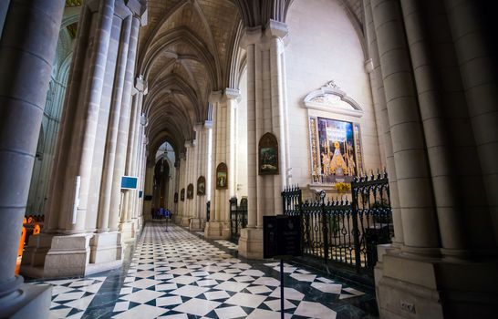Madrid, Spain - May 6, 2012: Cathedral Almudena interior with view of the pipe organ on a sunny day in Madrid, Spain