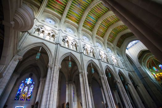 Madrid, Spain - May 6, 2012: Cathedral Almudena interior with view of the pipe organ on a sunny day in Madrid, Spain
