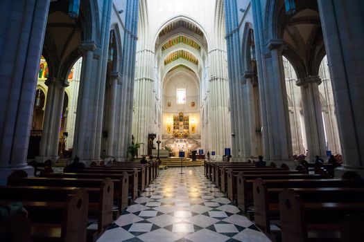Madrid, Spain - May 6, 2012: Cathedral Almudena interior with view of the pipe organ on a sunny day in Madrid, Spain