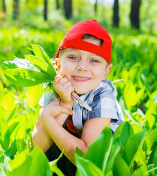 Cute little boy with lilies of the valley in forest on spring day