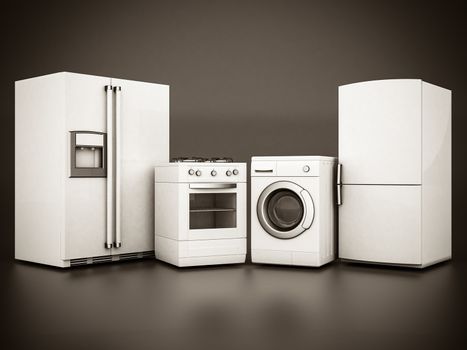picture of household appliances on a gray background. black and white