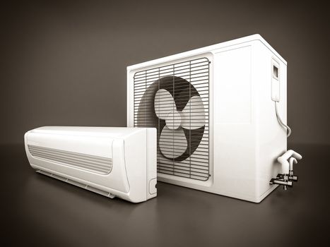 Image of modern air conditioner on a gray background. black and white