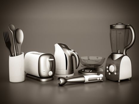 picture of household appliances on a gray background. black and white