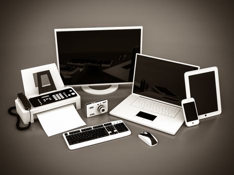 Laptop, Tablet PC and Smartphone on a gray background. black and white