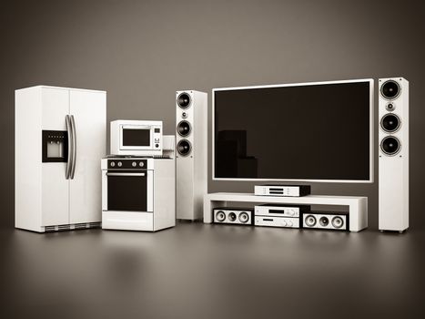 picture of household appliances on a gray background. black and white