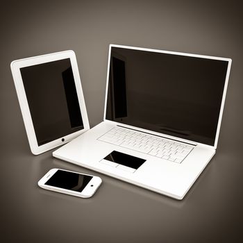 Laptop, tablet and smartphone on a gray background. black and white