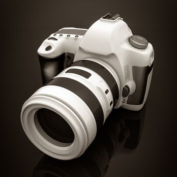 Digital camera image on gray background. black and white